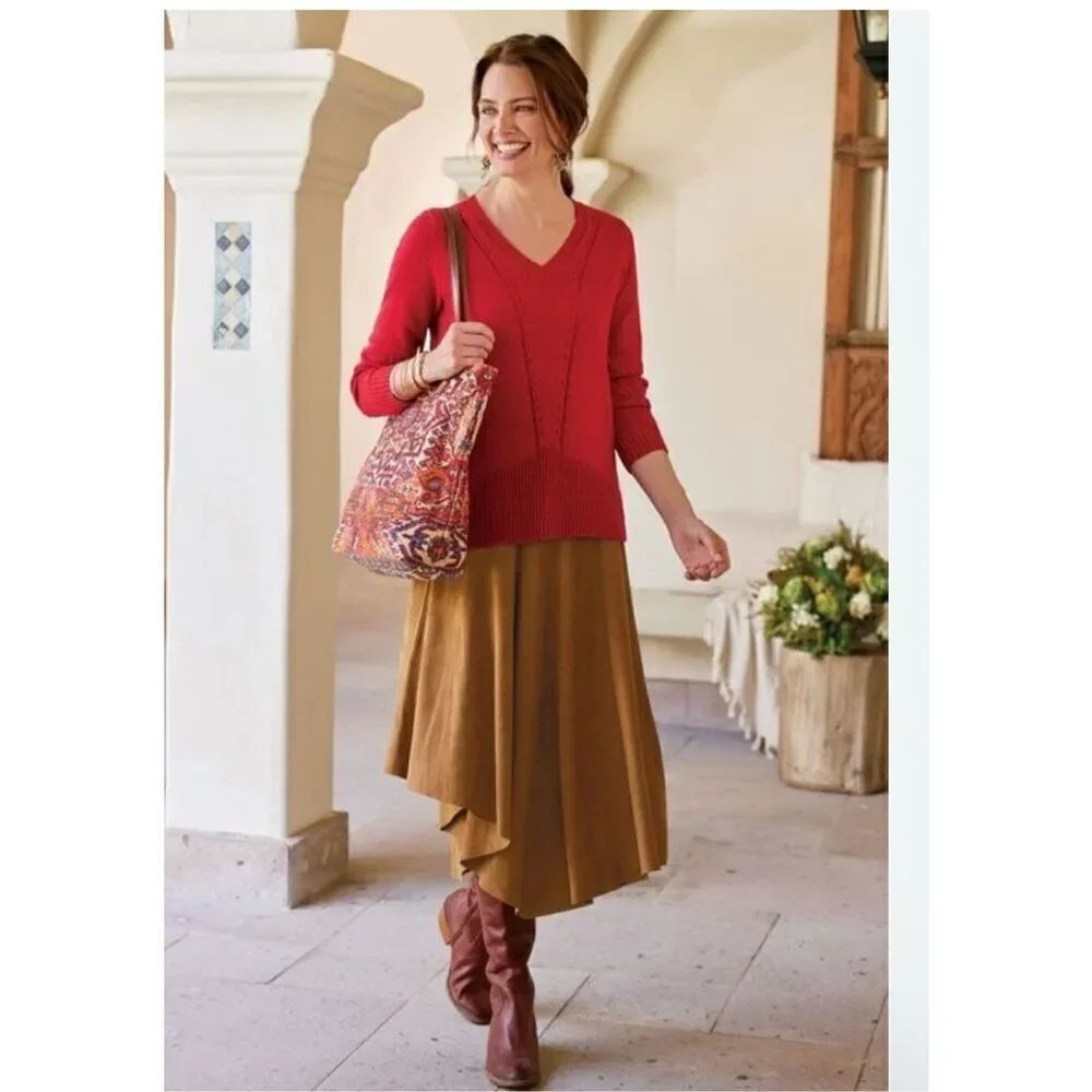 Soft Surroundings Inverness Faux Suede skirt saddle brown PL